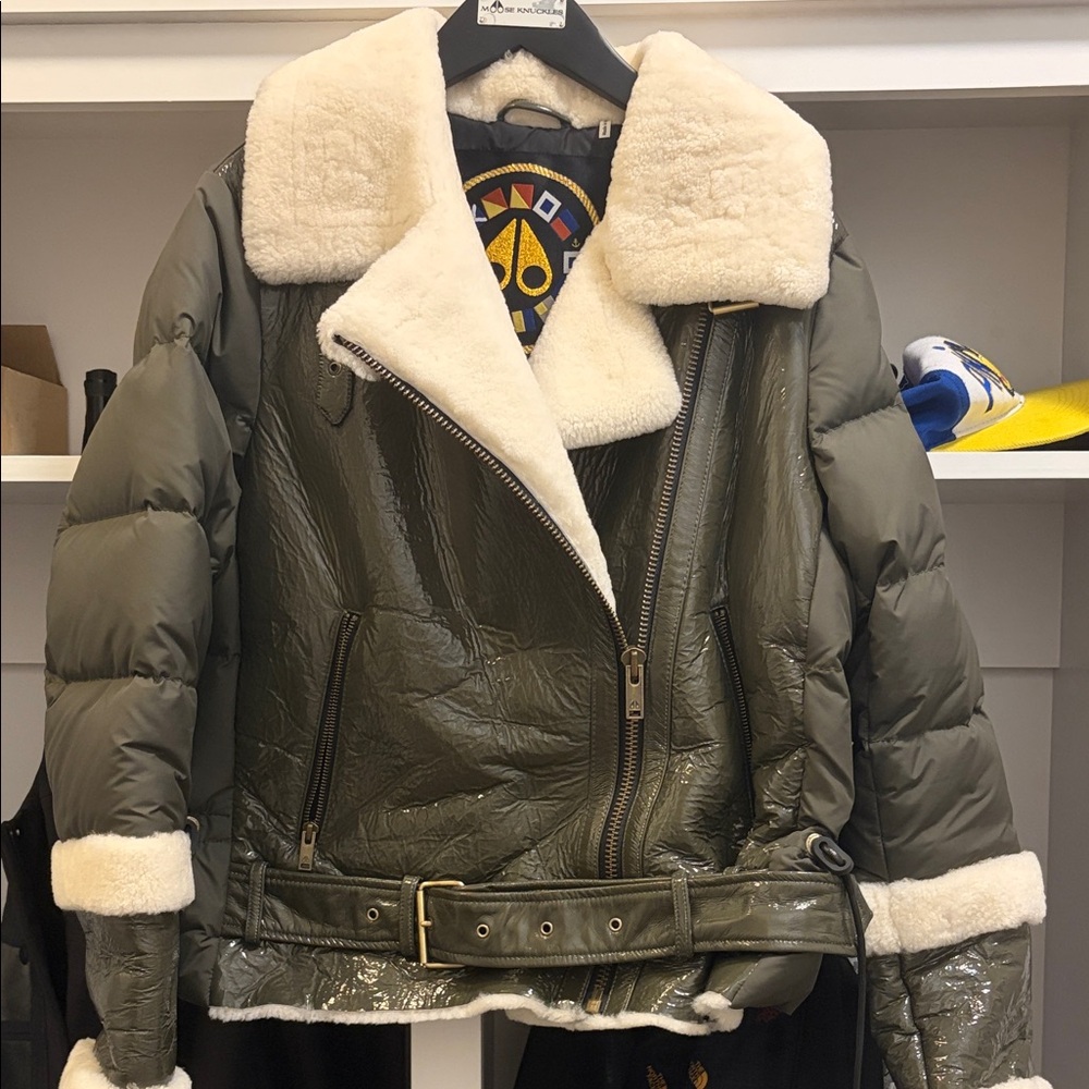 Moose Knuckles Olive Puffer Jacket with Cream Accents